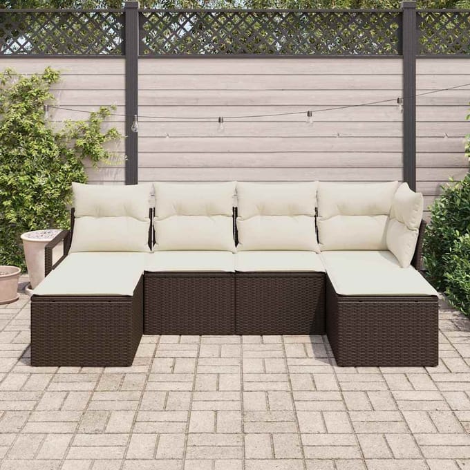 vidaXL Bankstel met kussen met opslag 6 pcs Bruin en Crème poly rattan