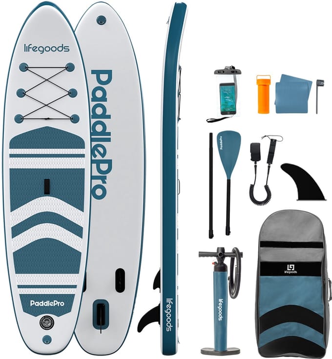 LifeGoods PaddlePro SUP Board - Opblaasbaar Paddle Board - Complete Set - Max. 150KG - 320x81cm - Wit/Deep Aqua