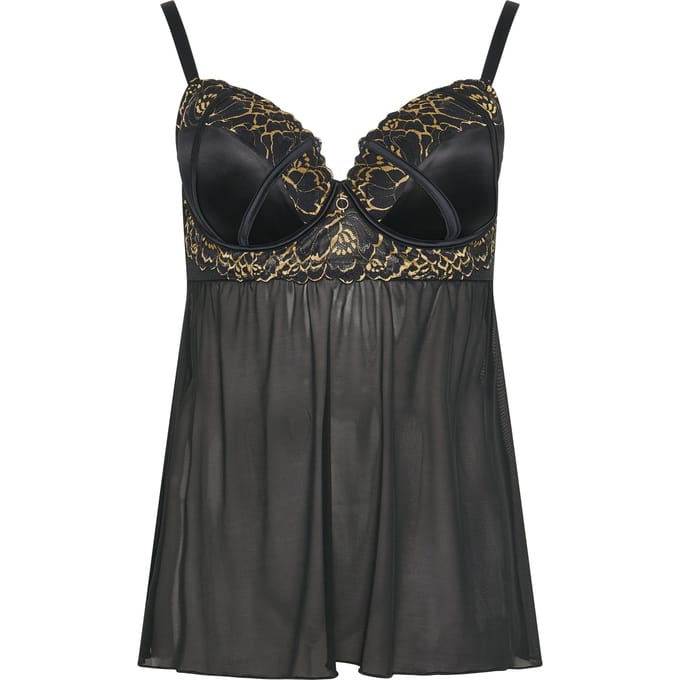 Yours Zwarte En Gouden Kanten Babydoll Size 85B