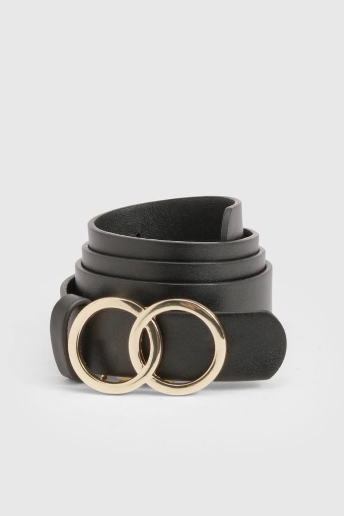 boohoo Dames Double Gold Ring Detail Boyfriend-riem | Zwart | Maat: Medium/Large