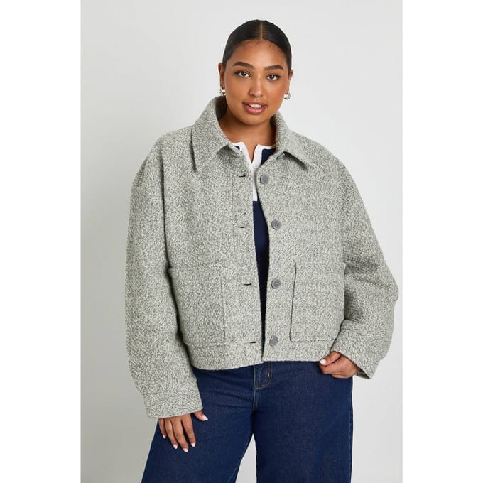 boohoo Dames Plus Kraagjas met Boucle-wol-look Jacket | Grey | Maat: 20