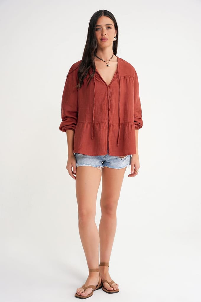 Lange Mouwen Losse Blouse met Strikhals