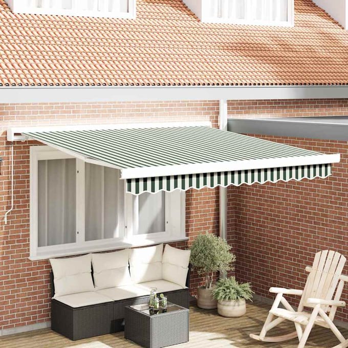 vidaXL - Uitschuifbare - luifel - Groen - en - Wit - 300 - x - 250 - cm