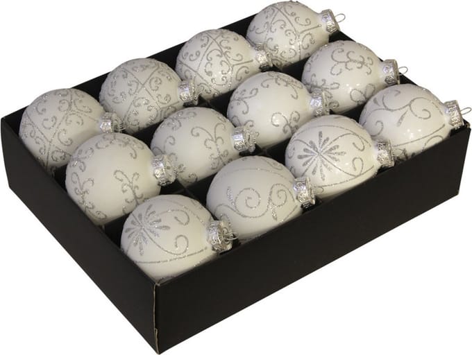 Othmar Decorations Kerstballen - gedecoreerd -12x st - wit - D7,5 cm - glas - luxe