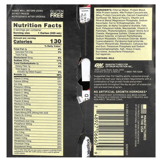 Optimum Nutrition, Gold Standard Eiwitshake, Vanille, 4 Verpakkingen, 11 fl oz (325 ml) Elk