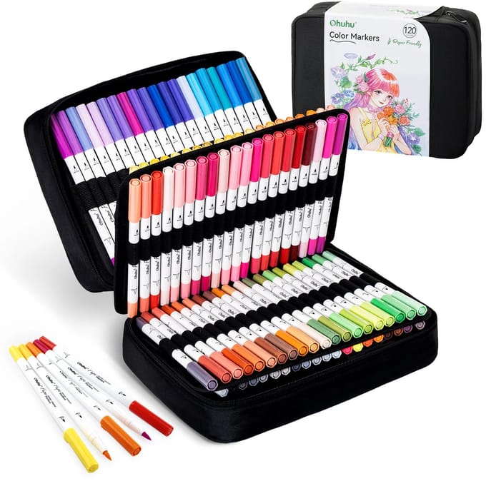 Ohuhu - Pupe Paper-friendly - Brush & Fineliner - Dual Tip Brush markers - waterbasis - set van 120