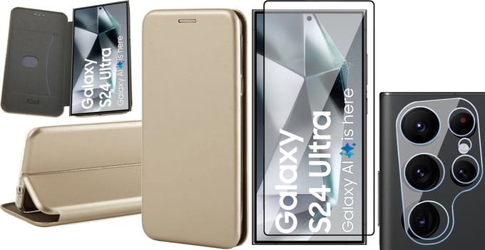 Hoesje geschikt voor Samsung Galaxy S24 Ultra - Screenprotector PET & Camera - Wallet Book Case Goud