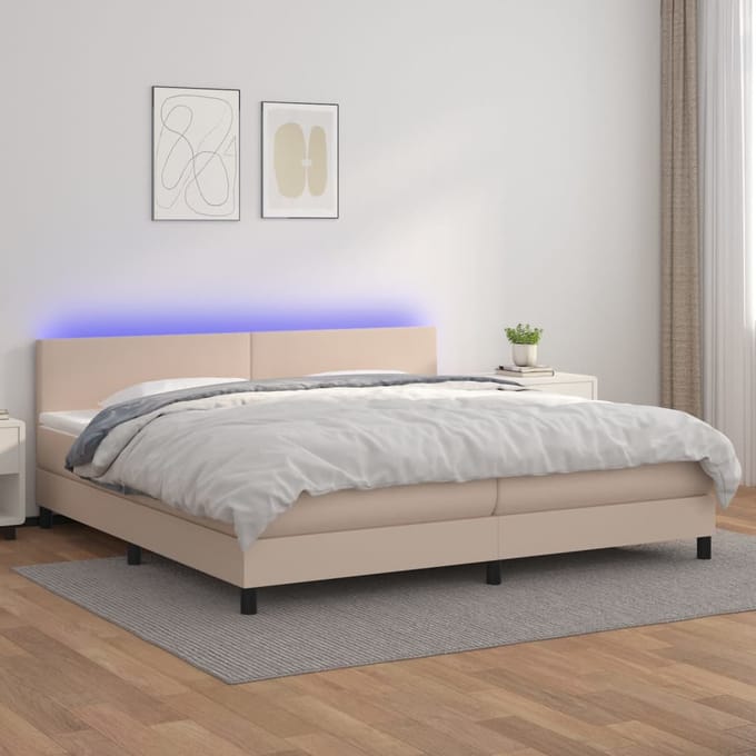 vidaXL - Boxspring - met - matras - en - LED - kunstleer - cappuccinokleur - 200x200cm