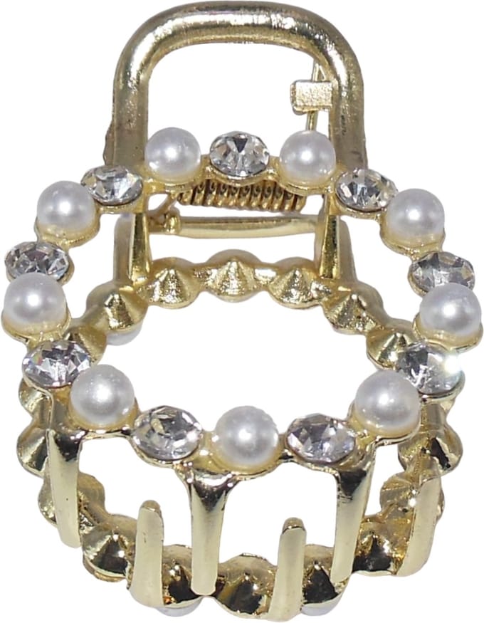 Haarklem met strass en parels rond goudkleur