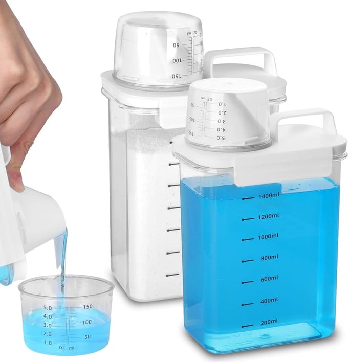 Famanu – Wasmiddeldispenser set van 2, 1800 ml luchtdichte containers met maatbeker voor wasmiddel en waspoeder