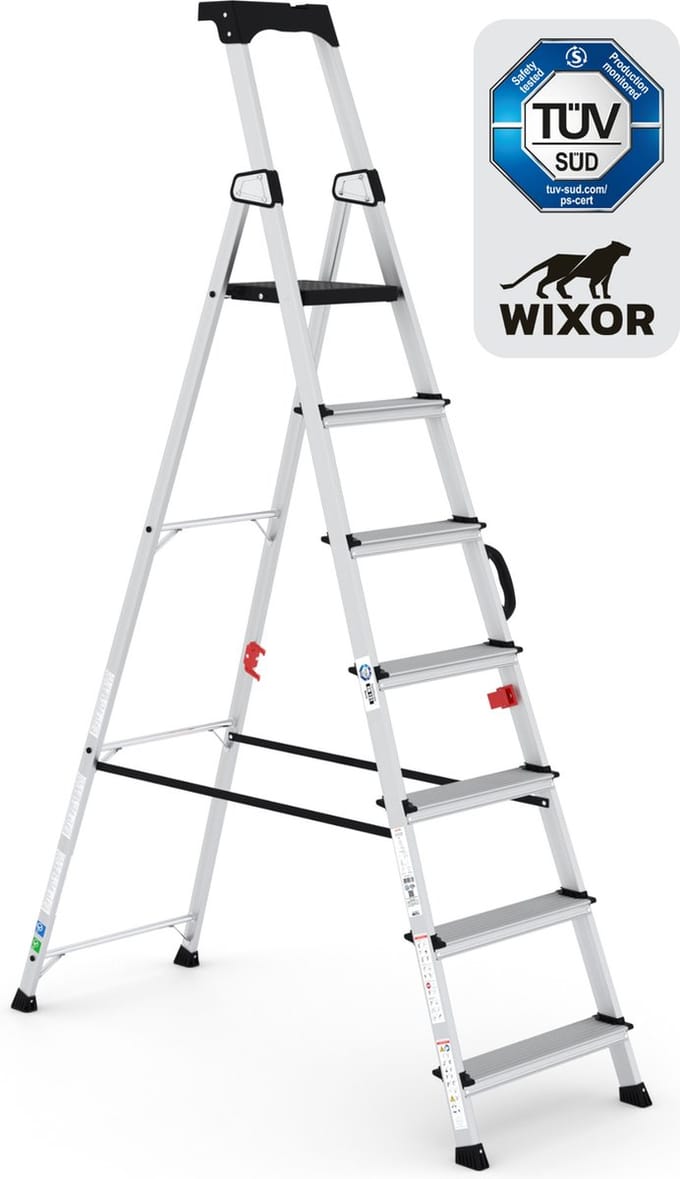 Wixor Trapladder Handyman | Huishoudtrap 7 treden | Professionele trap | Enkel Oploopbare trap | Keukentrap | Trapladder | Tuv-gecertificeerd | EN131