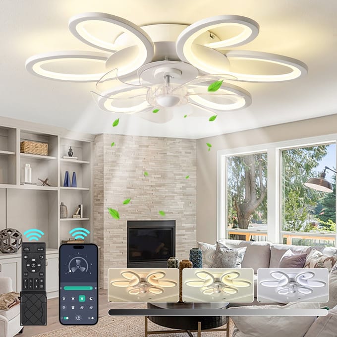 Rosnek Plafondventilator met Verlichting - Modern Bloem Design 65cm - Plafondlamp met Ventilator Dimbaar - Tuya Smart App - Woonkamer/Slaapkamer