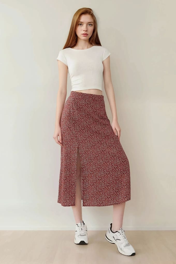 Bloemige Hoge Taille Midi Rok
