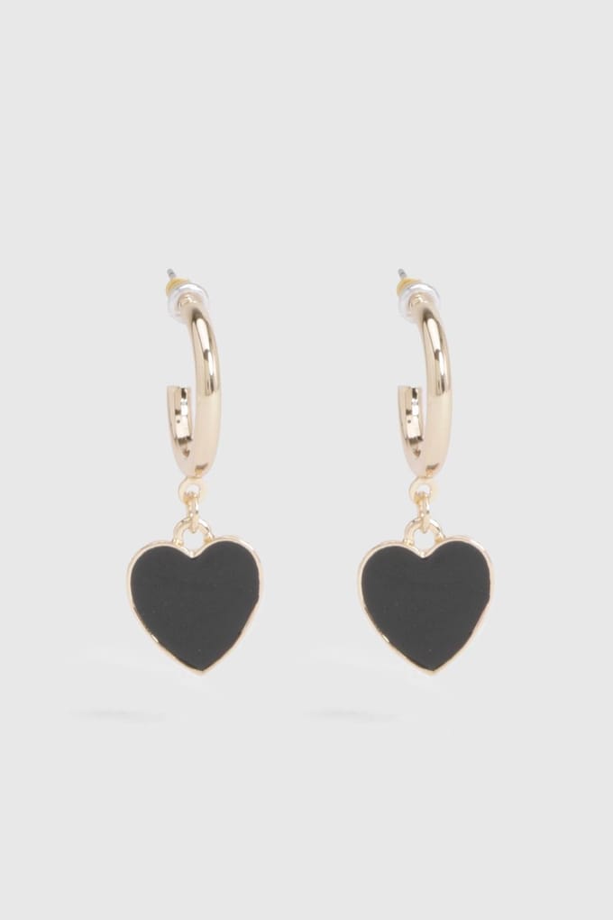 boohoo Dames Zwarte emaille hartvormige drop hoop oorbellen | Goud