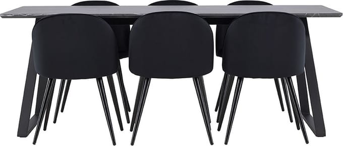 Malaga eethoek eetkamertafel 90x200cm donkergrijs en 6 Skagen stoel velours zwart.