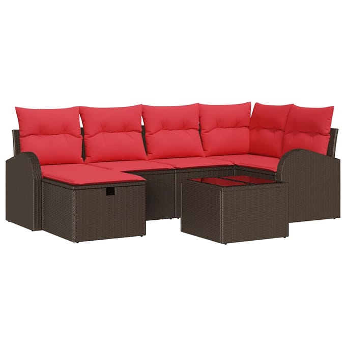 vidaXL - Bankstel - met - kussen - met - opslag - Bruin - en - Rood - poly - rattan