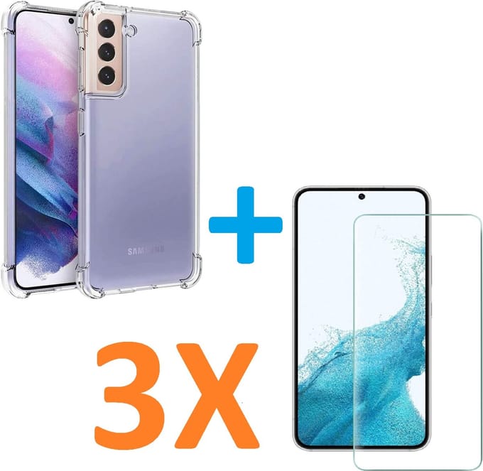 Anti-Shock silicone hoesje transparant met 3 Pack Tempered glas Screen Protector Geschikt voor: Samsung Galaxy S22 Plus