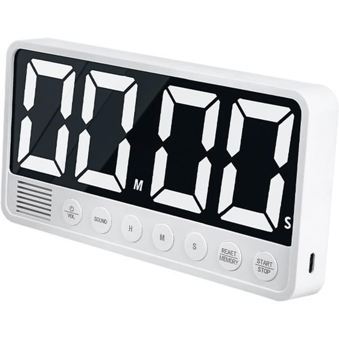 Minuteur LED Compte à rebours Grand Écran 99H 59Min 6 Alarmes Volume 3 Mémoires Chargement Type C Blanc blanc