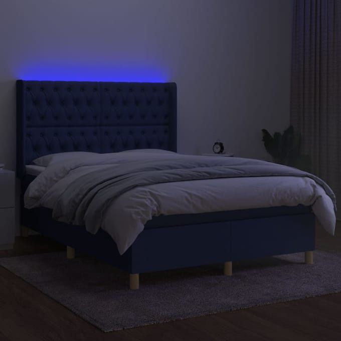 vidaXL - Boxspring - met - matras - en - LED - stof - blauw - 140x190 - cm