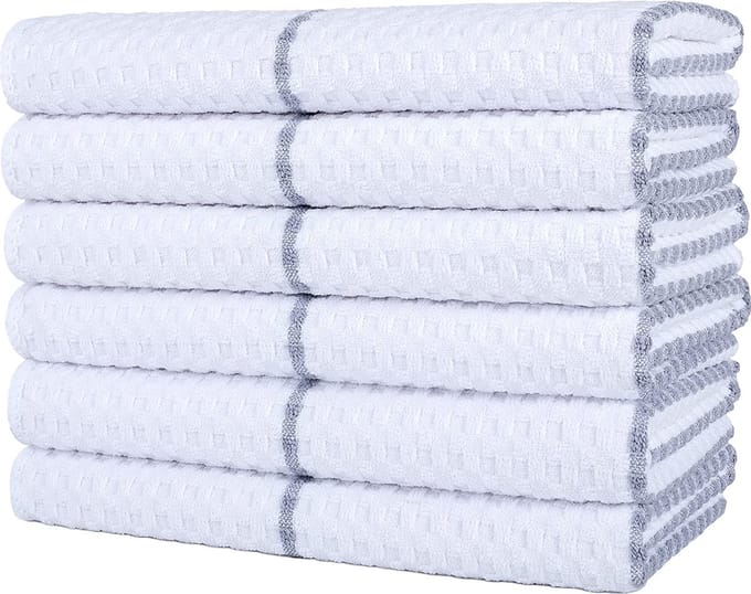 Ultra Premium Microfiber Waffle Weave Theedoek Set van 6 (16" x 28" - Wit met grijze strepen)