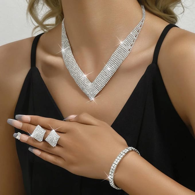 Boucles d'oreilles en plaqué argent avec strass pour femme, collier, bracelet, élastique, robe, accessoires de mariée blanc