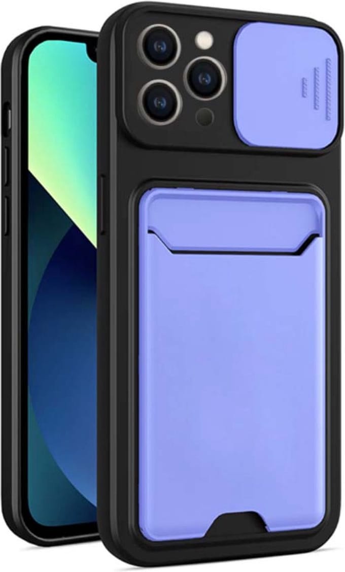 Smartphonica iPhone 12 Pro Max TPU Cover Case Hoesje met Camera Slide en Pashouder - Paars geschikt voor iPhone 12 Pro Max