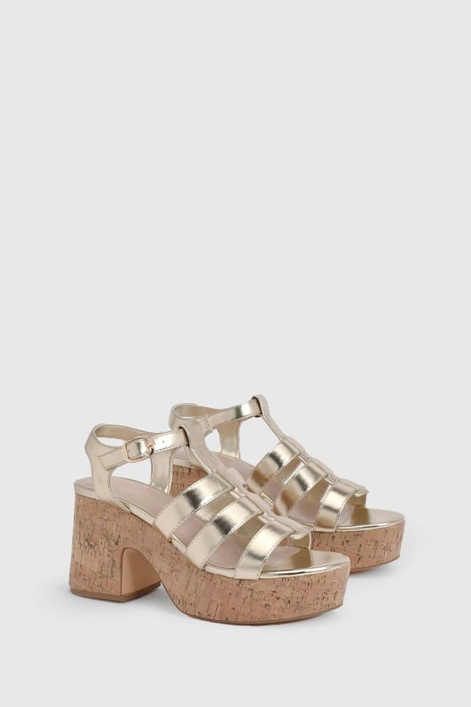 boohoo Dames Metallic Gladiator Kurk Sleehakken | Goud | Maat: 37