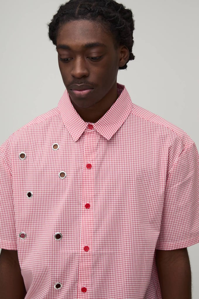 Oversized Boxy Shirt Met Oogjesdetail En Micro Ruitpatroon | Red | Size Medium