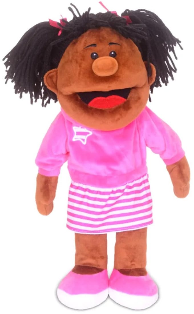 Fiesta Crafts handpop pop zwart meisje - beweegbare mond - handpop speelgoed.