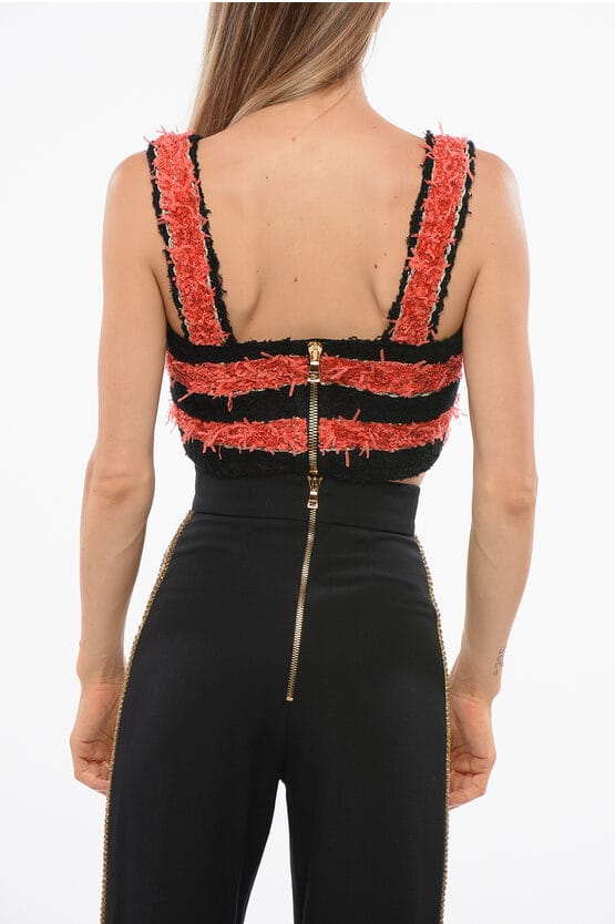 Tweekleurige gestreepte tweed crop top in zwart en rood