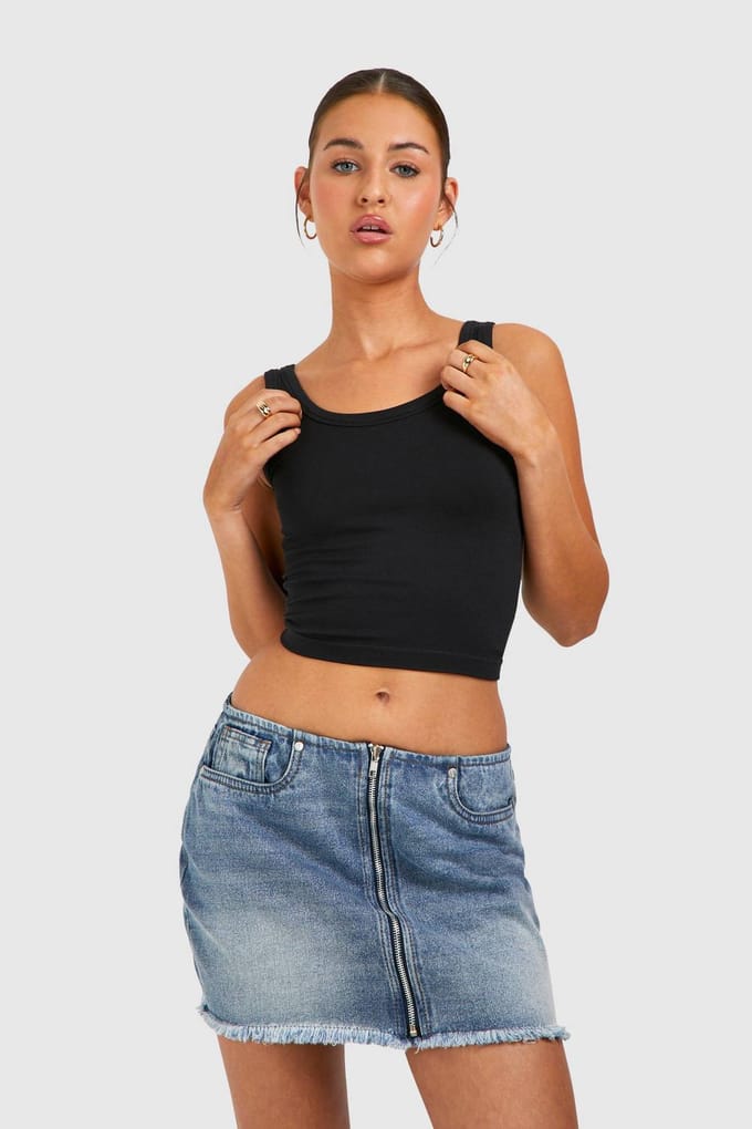 boohoo Dames Vintage Wash Zip Front Micro Mini Rok | Vintage Blauw | Maat: 34