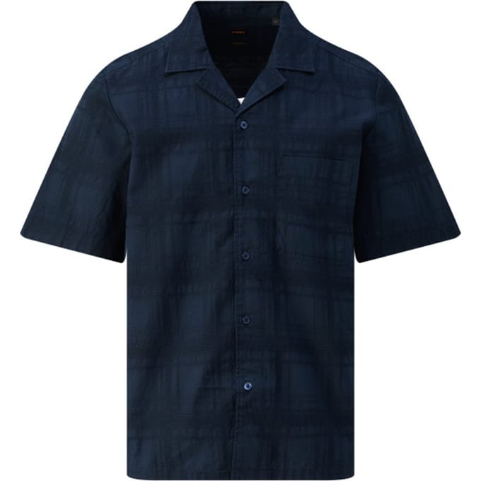 Donkerblauw geruite doorknoop polo BOSS Orange Rayer reverskraag
