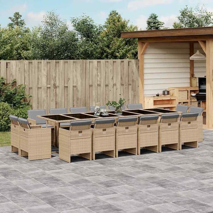 vidaXL - 17-delige - Tuinset - met - kussens - poly - rattan - gemengd - beige