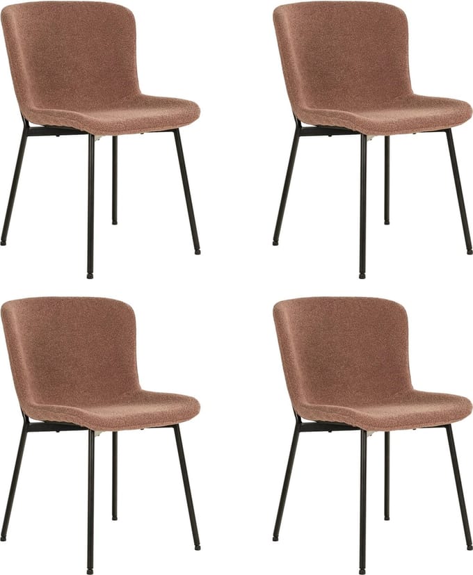 QUVIO Eetkamerstoel Lucy – Eetkamerstoelen - Bouclé - Staal - Bruin - Roestbruin - Set van 4
