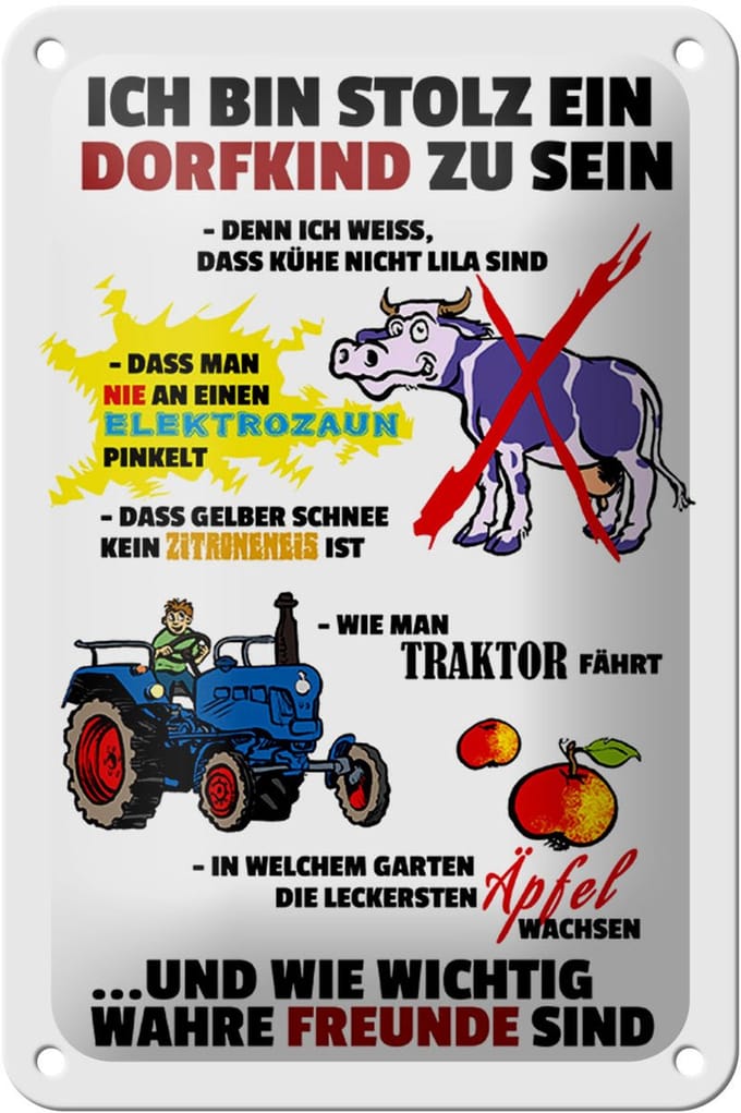 Blechschild Spruch 12x18cm Stolz Dorfkind zu sein weißes