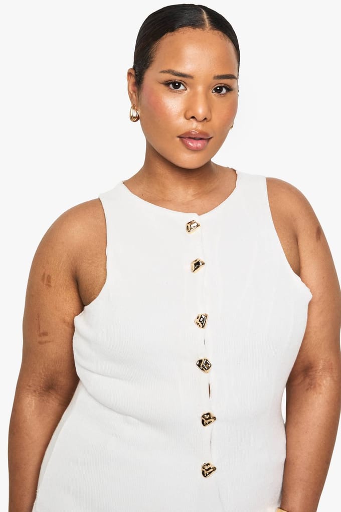 boohoo Dames PLUS GEBREIDE VEST MET KNOOPSLUITING | Ecru | Maat: 44