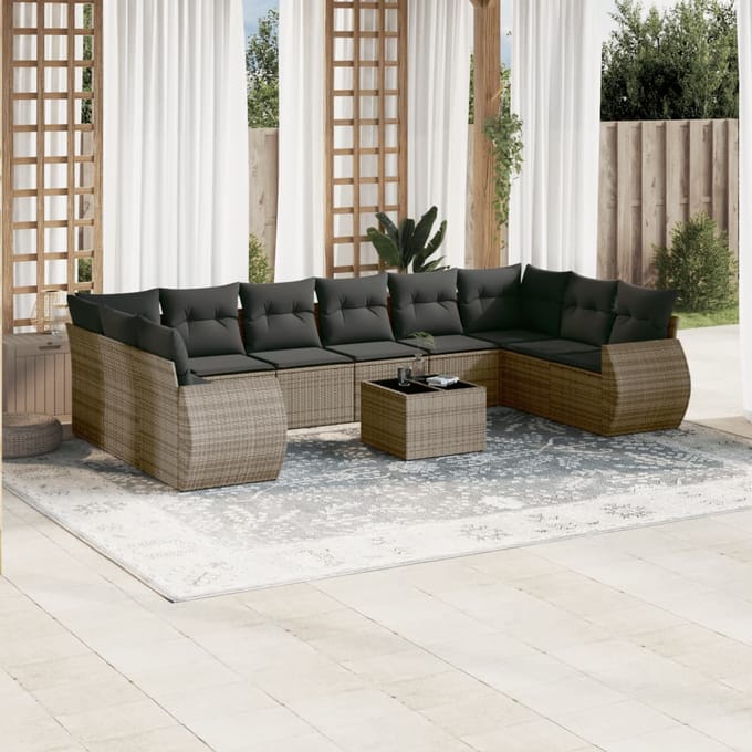 vidaXL - 11-delige - Loungeset - met - kussens - poly - rattan - grijs