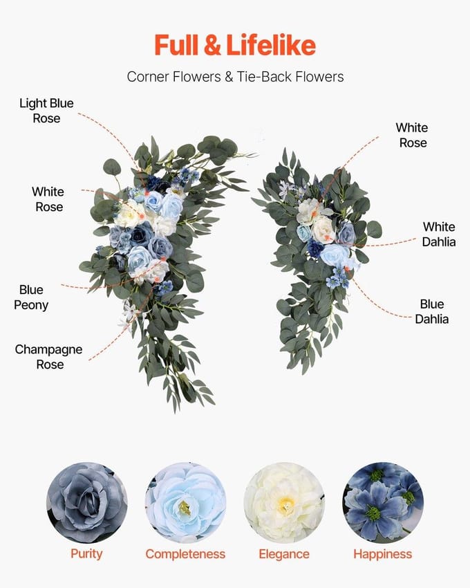 Kit de Fleurs Artificielles pour Arche de Mariage Bleu Avec 2 Pièces de Fleurs 2 Pièces de Voilages