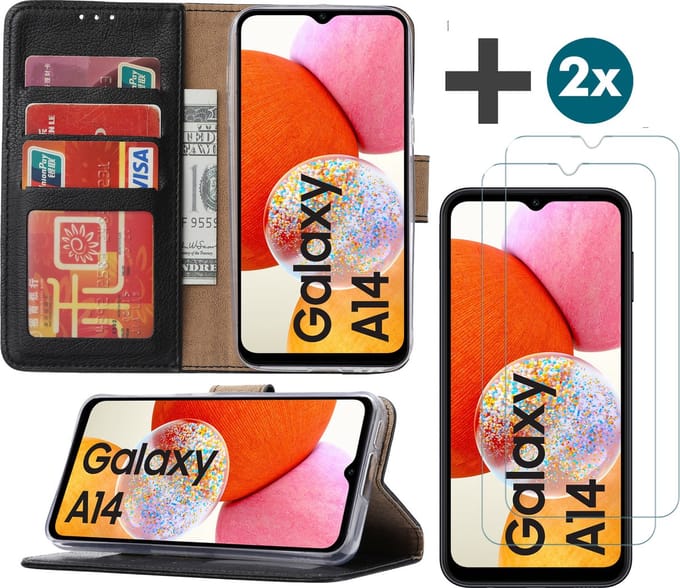 Samsung Galaxy A14 (5G/4G) hoesje - bookcase met pasjeshouder + 2x Screenprotector tempered glass - Zwart