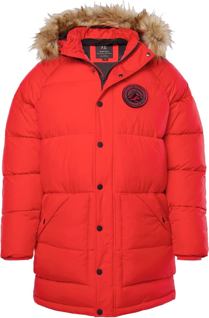JP 1880 - Heren - Doorgestikte parka capuchon geweven bont badges - Klaproosrood - Maat XL