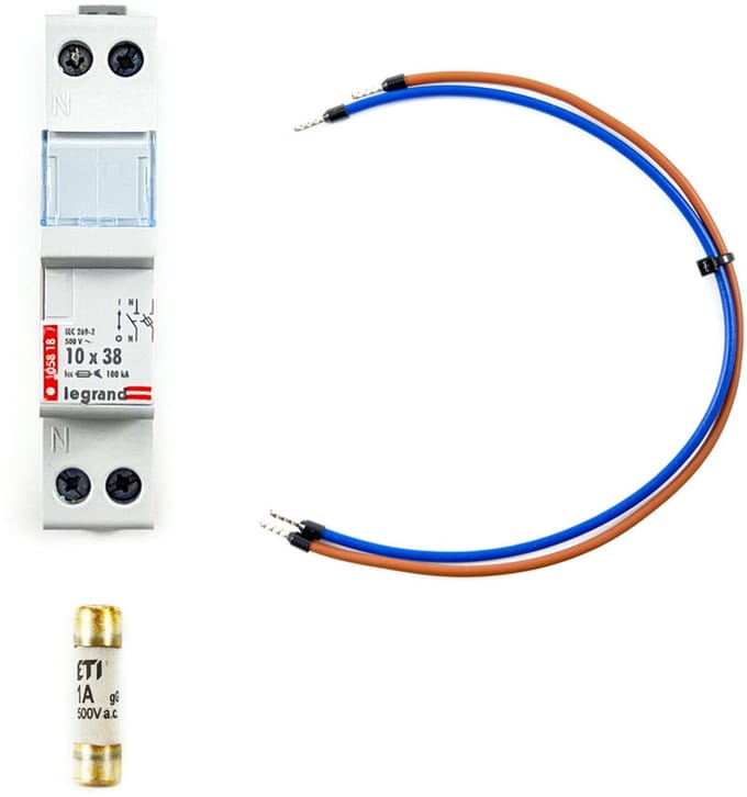Aansluitset indirecte 1 fase kWh meter - Zekeringhouder, zekeringen, aansluitkabels