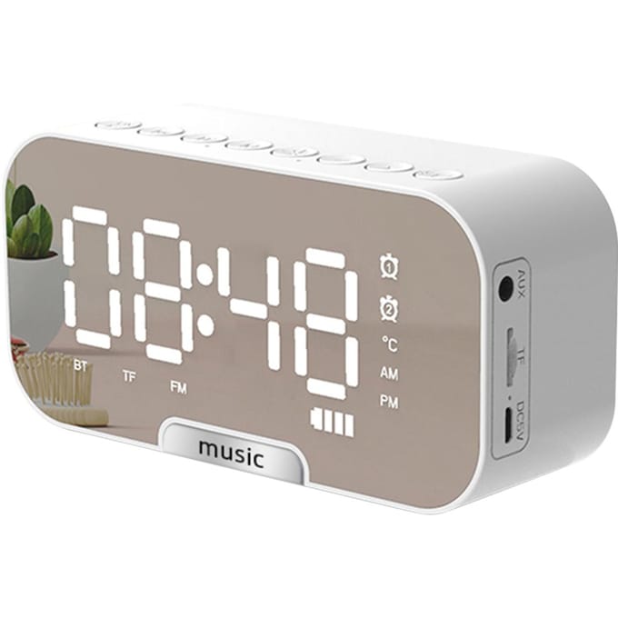 Réveil numérique à surface miroir avec haut-parleur BT, radio FM et affichage de la température, double alarme blanc