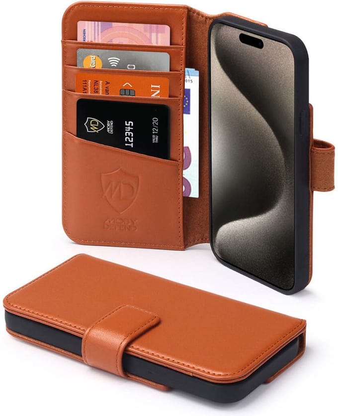 MobyDefend Hoesje - Geschikt voor iPhone 15 Pro Max - Luxe Leren Wallet Bookcase - Lichtbruin