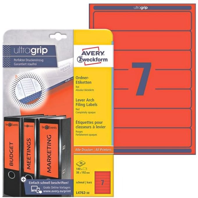Rugetiket avery zweckform smal 38x192mm Zelfklevend rood