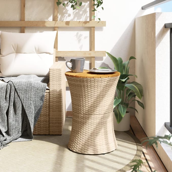 vidaXL - Tuinbijzettafel - trommelvormig - poly - rattan - en - massief - hout - beige