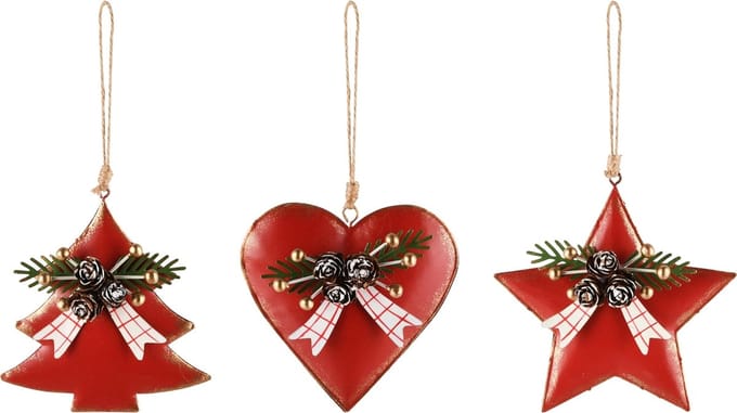 Dekoratief | Hanger boompje/hartje/ster, rood, metaal, 10x3x10cm, set van 3 stuks | A245381