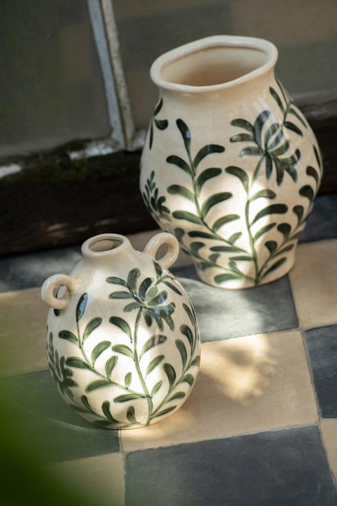 J-Line vaas Blad - steengoed - groen/wit - small