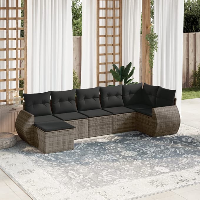 vidaXL - 7-delige - Loungeset - met - kussens - poly - rattan - grijs