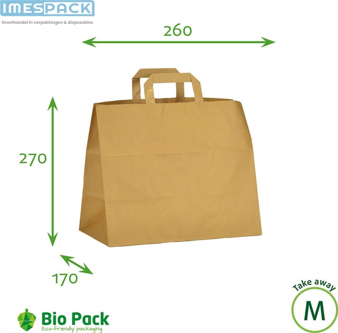 Draagtas papier - 50 stuk - Middel - Bruin - Kraft - 26+17x27cm - IMES