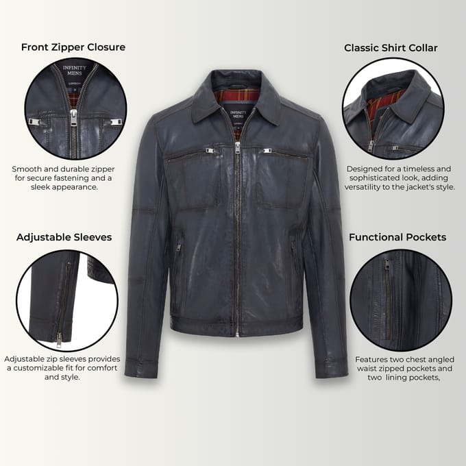 Heren Blauw Klassiek Leren Bikerjack - Bettles
